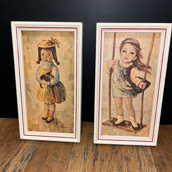 📍🧡M. MEDEIROS – Pair of Framed Vintage Prints – Girls with Swing & - Picture 2 of 7